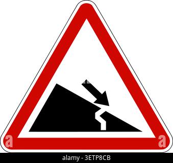 A clear vector warning sign indicating a slippery road ahead, featuring a downward arrow inside a triangular frame with a cracked road symbol. Stock Vector