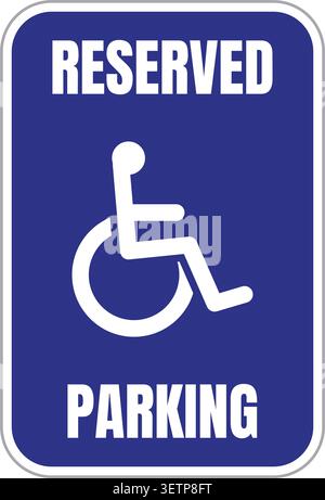 A clear handicap parking sign featuring a wheelchair symbol and the words reserved and parking in bold white letters on a blue background. Stock Vector