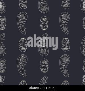 Hand drawn black and white intricate line art Paisley seamless pattern on dark background Stock Vector