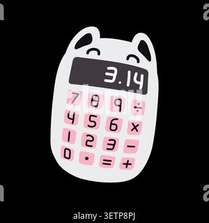Funny white cat calculator vector icon with pink buttons on black background, featuring math digits and number pi on the screen Stock Vector