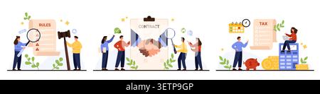 Business people analyzing rules, signing contract, planning tax payments with documents, handshake, piggy bank, money and office elements, isolated on white background vector illustration Stock Vector