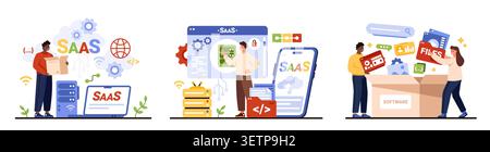 Modern SaaS software development concept with people, cloud applications, data storage, coding, user interface, business analytics, subscription technology isolated vector illustration Stock Vector