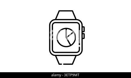 Smartwatch data analytics icon: wearable smart watch displaying pie chart statistics on screen, minimalist black line art vector illustration for fitn Stock Vector