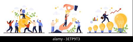Business people achieving success, supporting colleagues, gaining rewards, and climbing career steps with lightbulb ideas, teamwork, leadership, and motivation isolated on white vector illustration Stock Vector