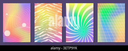 Psychedelic swirl patterns with groovy wavy lines and vibrant colors. Vector realistic set of abstract retro backgrounds with funky spirals, futuristic wireframe design, trendy summer poster gradients Stock Vector