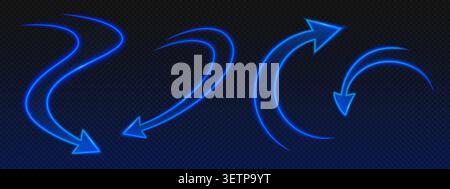 Set of neon blue arrows in motion isolated on transparent background. Vector realistic illustration of arrow rotating, moving spiral and in different directions with glowing trails, upgrade concept Stock Vector