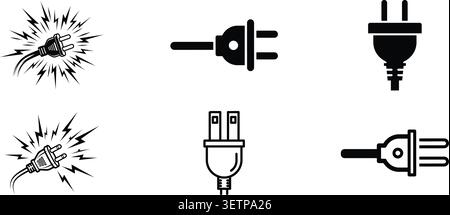 A set of six vector icons showing different plug types and two instances of electrical sparks from faulty plugs, useful for educational or technical p Stock Vector