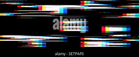 Noise effect tv and pixel glitch pattern with digital texture background. Vhs neon screen and overlay line light with font retro 80s. Camera game blac Stock Vector