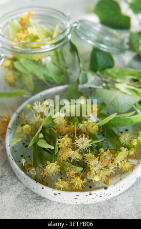 Freshly picked linden flowers in a bowl with a jar, ready for making herbal tea Stock Photo