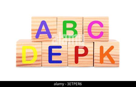 Alphabet learning. Wooden cubes with colorful letters isolated on white Stock Photo