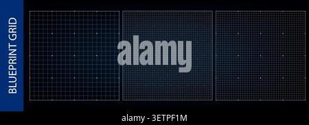 Grid overlay background, HUD crossed line texture. Black mesh pattern with dotted graph markings. Radar section on architectural cyber diagram, millim Stock Vector