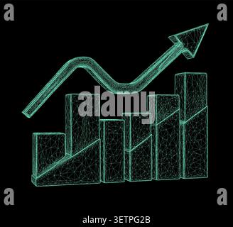 3d wireframe bar chart with upward trend arrow, financial growth and business success concept, digital data visualization Stock Vector