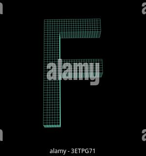 3d wireframe letter f, digital grid typography design, glowing cyan geometric alphabet character Stock Vector