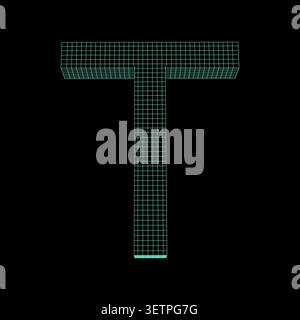 3d wireframe letter t, cyan grid typography, digital technology font, futuristic alphabet design, geometric 3d character, cyber style letter t Stock Vector