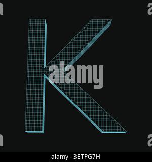 3d wireframe letter k, digital technology font, glowing cyan grid structure on, futuristic typography design element Stock Vector