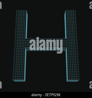 3d wireframe letter h, digital typography design, cyan grid structure on black background, futuristic tech font, geometric 3d alphabet character Stock Vector