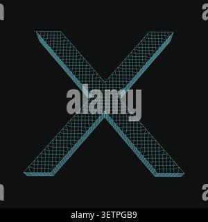 3d wireframe letter x, digital neon glowing geometric font, futuristic technology style typography, cyan grid structure Stock Vector