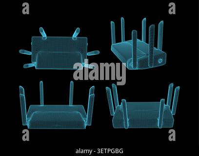 3d wireframe model of a modern wifi router with multiple antennas Stock Vector
