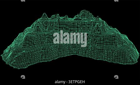 3d wireframe terrain model, digital landscape representation, abstract topographic mesh, geometric mountain surface, computergenerated elevation map, Stock Vector