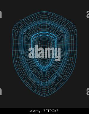 Abstract 3d wireframe shield icon, digital security concept, cyber protection symbol, futuristic technology design Stock Vector
