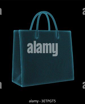 Wireframe 3d model of a shopping bag with handles, digital illustration of a tote bag on a dark background Stock Vector