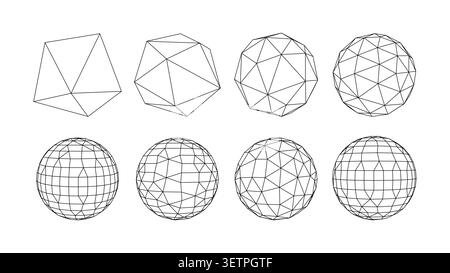 Set of wireframe spheres with different levels of detail Stock Vector