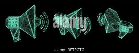 Set of three low poly wireframe megaphones in different angles dark background Stock Vector
