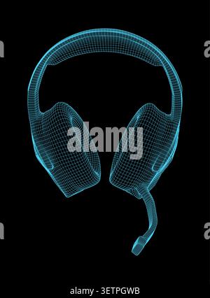 Wireframe 3d model of gaming headphones with a microphone, digital illustration of audio equipment on dark background Stock Vector