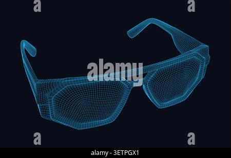 Wireframe 3d model of modern sunglasses dark background, digital construction of eyewear accessory Stock Vector