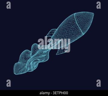 Wireframe rocket ship with exhaust trail, 3d digital illustration of a space vehicle launching into the sky Stock Vector