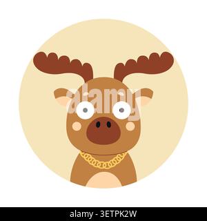 Funny moose with a gold chain around its neck. Avatar, portrait, social media design. Vector flat illustration isolated on a white background. Stock Vector