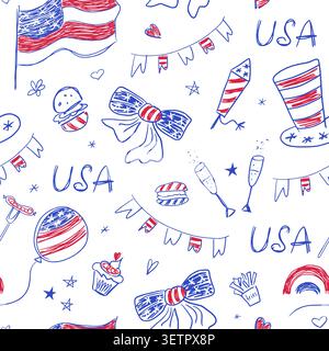 4th of july seamless pattern. American Independence Day in hand drawn doodle and scribble symbols. Festive background for greetings or wrapping paper. Stock Vector