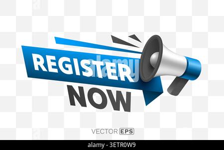 Dynamic Register Now announcement with a stylish blue megaphone and banner. Ideal for web and print. Vector illustration. Stock Vector