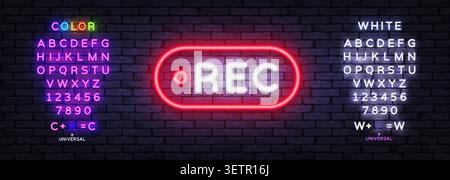 Editable REC neon button with colorful typography and glowing characters. Modern recording template for streaming platform, media interface and online Stock Vector
