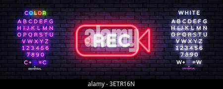 Editable REC neon camera sign with glowing alphabet and universal symbols. Bright video recording template for livestream overlay, vlog graphics and Stock Vector