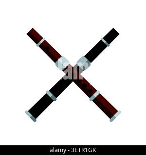 Flat Vector Illustration of Two Crossed Wooden Flutes Stock Vector