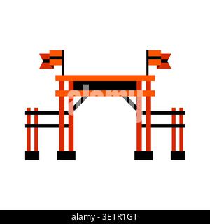 Pixel Art Retro Game Entrance Gate with Orange Flags - A minimalist pixel art illustration of a gate or archway, featuring two orange flags. Stock Vector