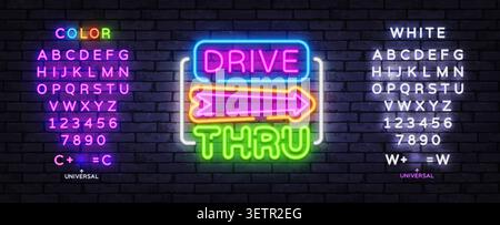 Editable Drive Thru neon sign with colorful alphabet and arrow on brick wall. Retro fast food template for takeaway cafe, diner branding and roadside Stock Vector