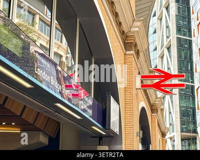 London, England, UK - 16 May 2026: British Rail Double Arrow logo fixed to a wall outside one of the entrances to London Bridge railway station Stock Photo