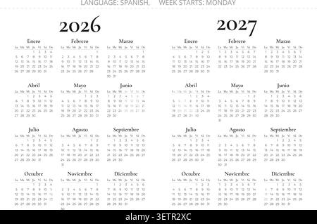 Simple minimalist annual calendar template for Spain in Spanish language for years 2026 and 2027 Stock Vector