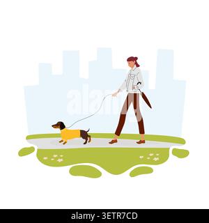 Sad mood. Girl with umbrella walking dachshund on cool summer evening. Vector illustration for melancholy blog, emotional poster Stock Vector