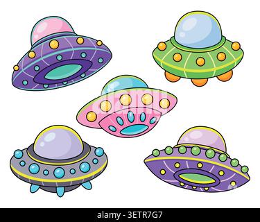 Collection of cartoon spaceships. Alien flying saucers. Vector illustrations of UFOs, isolated on a white background. Stock Vector