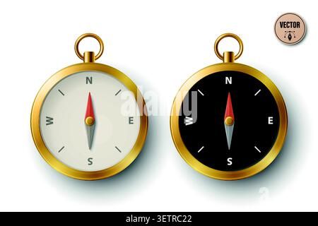3d Compass Set Vector Illustration. Black and White Magnetic Compass Icons Isolated. Navigation Instrument Collection. Direction and Travel Symbol Stock Vector