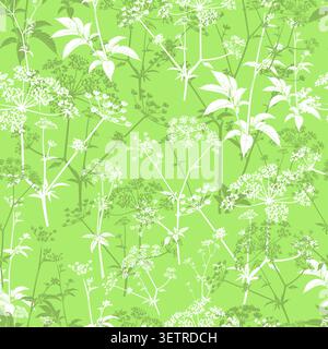 Seamless background with greenery and flowers . Hand drawn. Not AI, vector illustration. Stock Vector