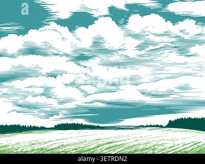 Landscape graphic clouds and fields . Hand drawn. Not AI, vector illustration. Stock Vector