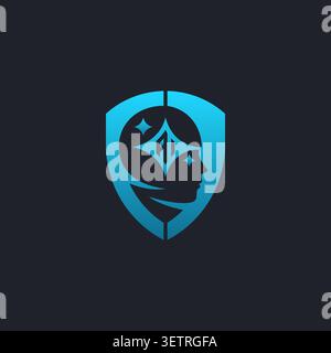 Artificial intelligence logo. Digital mind icon with sparks in shield shape. Stock Vector