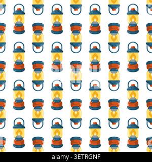Seamless camping lantern pattern on white background. Cartoon vector print.  Stock Vector