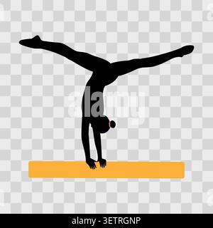 Black silhouette of a female Gymnastic Artistic performing handstand on a horizontal balance beam. Minimalistic Flat design Sticker Icon, promo or print, branding materials design element, poster, tag Stock Vector