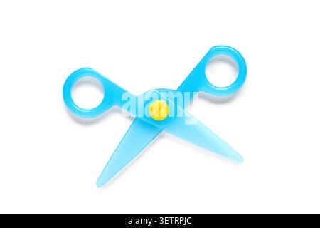 Blue plastic safety scissors on white background Stock Photo