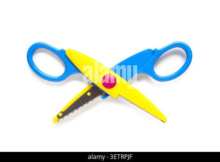 Pair of colorful childrens safety scissors on white background Stock Photo